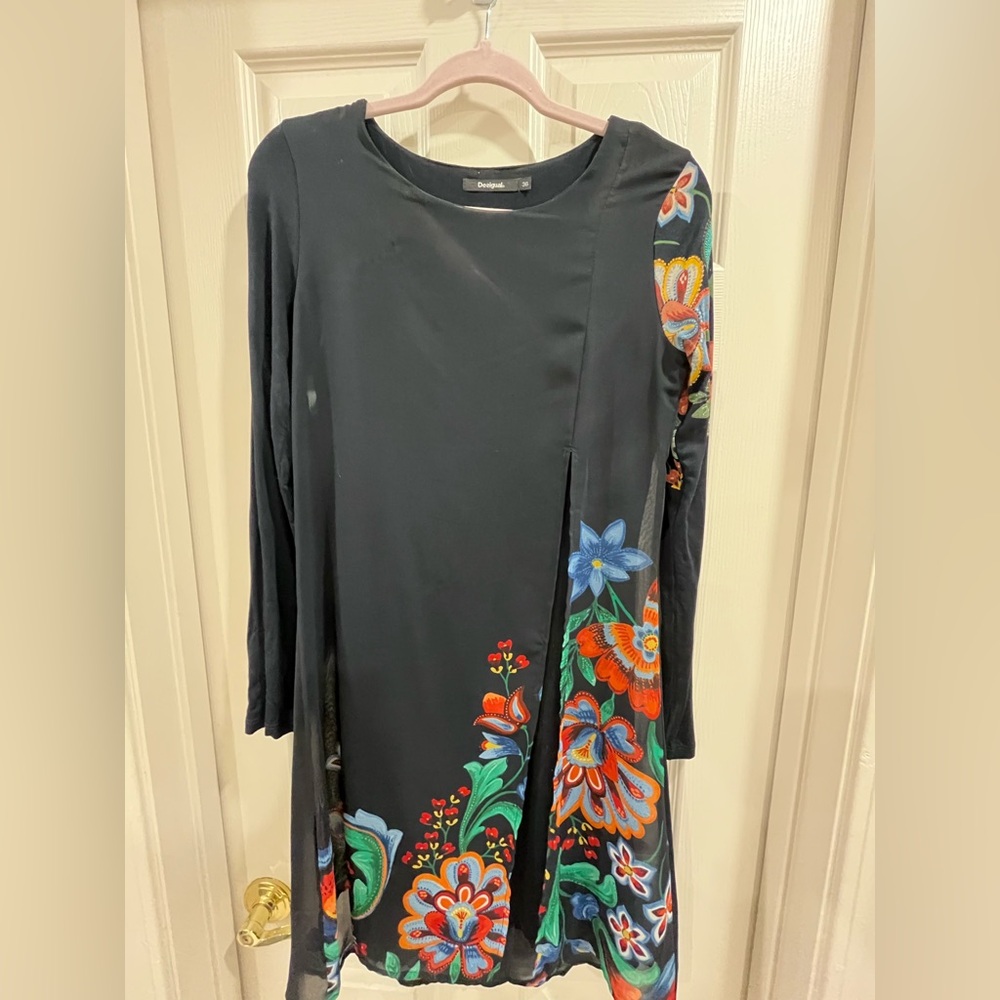 Knee length dress with sheer printed covering
